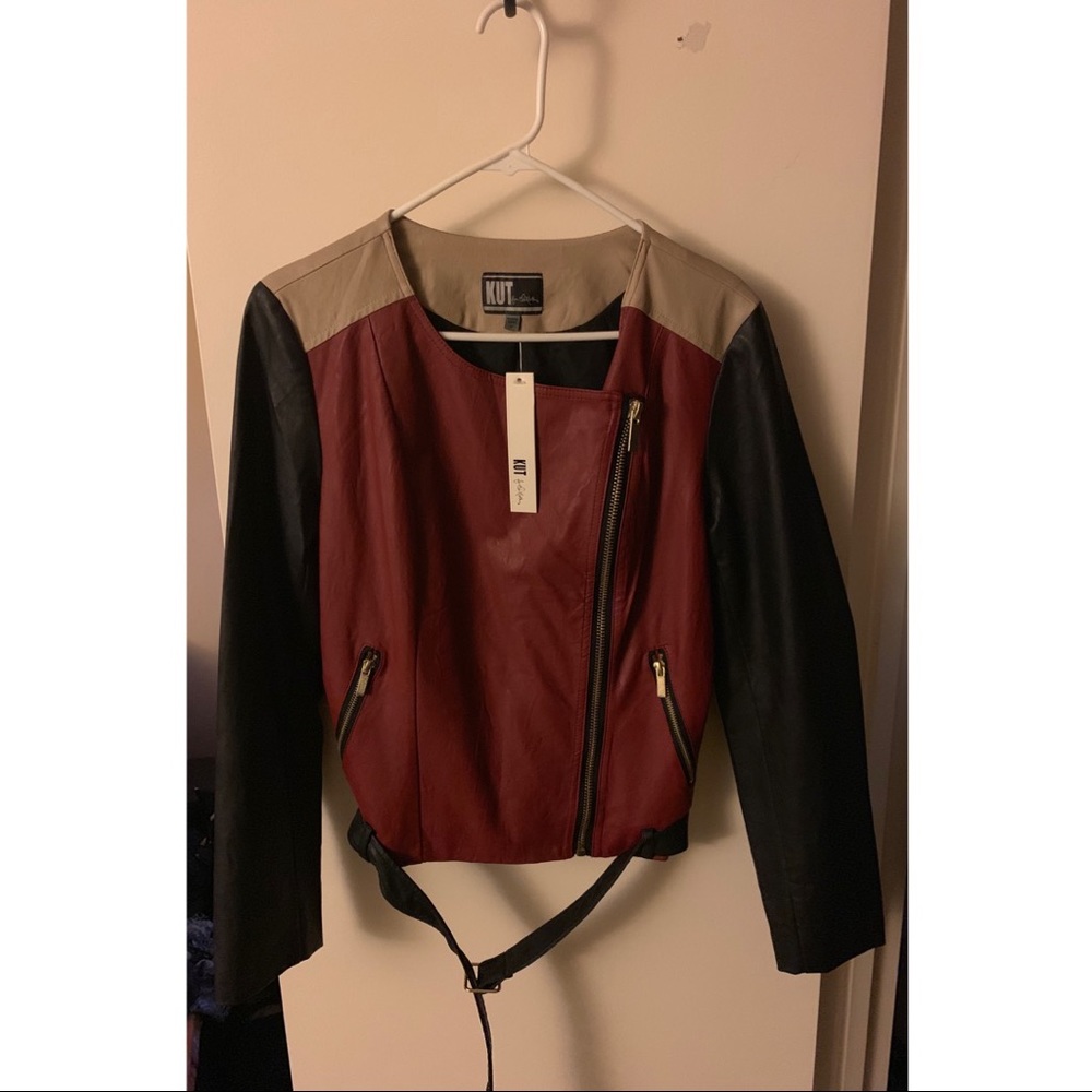Color blocked leather jacket